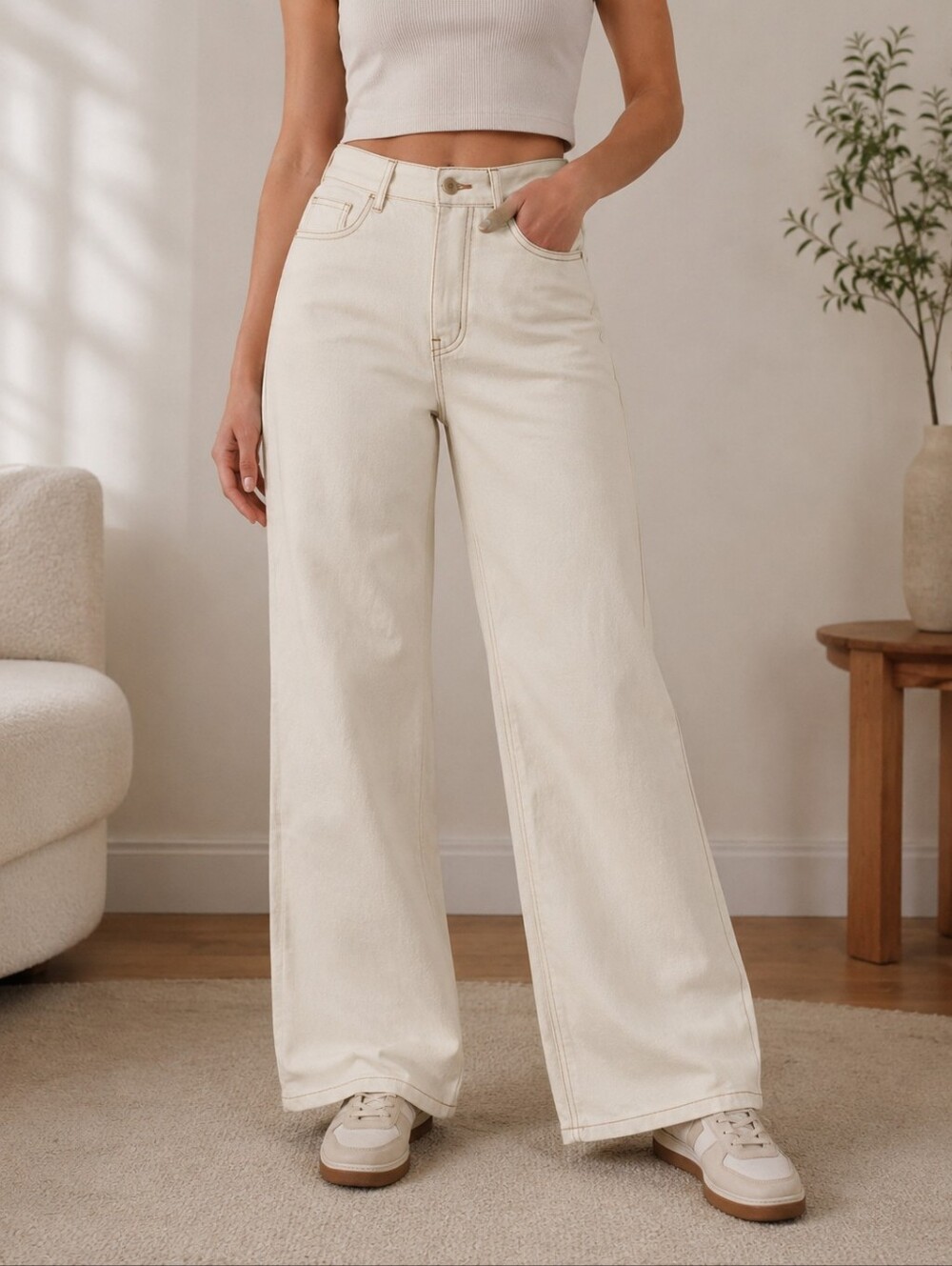 Zara Cream High-Waist Wide-Leg Jeans